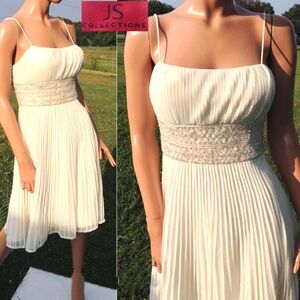 VTG Y2K Ivory Beaded Empire Waist Perma-Pleat Fit & Flare Spag Strap Party Dress